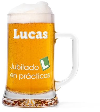 Made in Gift - Jarra de Cerveza Personalizada Jubilación – Regalo Original Jubilado/a – Capacidad 500 ml – Diseño a Color – Ideal para Despedida, Fiesta de Jubilación