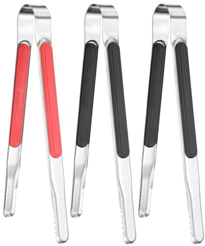 M METERXITY 3-Pack Grill Tongs, 8.8 Inch Non-Slip 410 Stainless Steel Locking Tongs for Cooking/Buffet/Outdoor Barbecue, Korean BBQ Tweezers Metal Clamp Tool [Red, Black]
