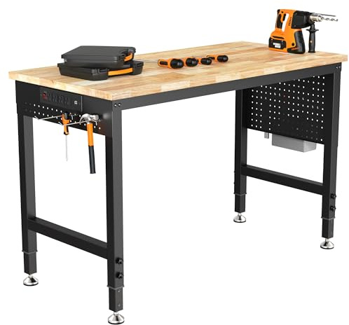 CAMMOO 47.64 Adjustable Heavy Duty Workbench, 2000 LBS Load Capacity Rubber Wood Work Table with Pegboard, Work Bench for Garage, Workshop, Office, Home, Commercial