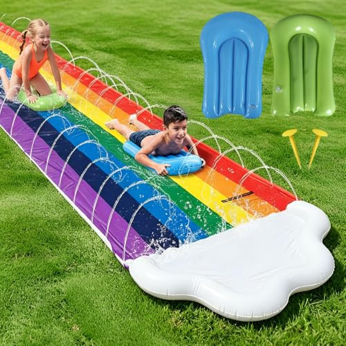 Mineup Scivolo Ad Acqua, 15.8 Ft/480 Cm Scivoli D'Acqua Doppio Scivolo Per Prato, Scivol Da Giardino Estivo Con Irrigatore Integrato Con 2 Bodyboards Per Giardino, Attività Acquatiche All'aperto