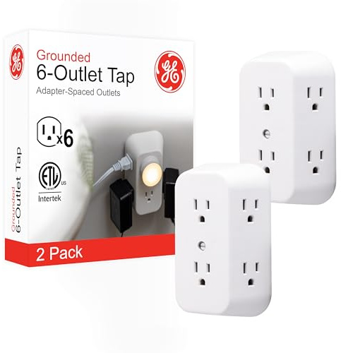 GE 6-Outlet Extender, 2 Pack, Grounded Wall Tap, Adapter Spaced Outlets, 3-Prong Outlet Splitter, Multiple Plug, Quick and Easy Install, Cruise Essentials, UL Listed, White, 40222