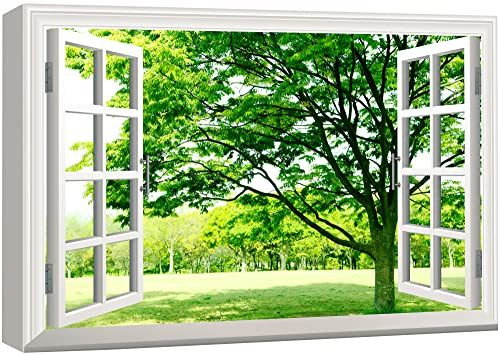 wall26 Canvas Print Wall Art Window View of Field of Green Flowers Nature Wilderness Photography Realism Rustic Scenic Colorful Relax/Calm Ultra for Living Room, Bedroom, Office - 24x36
