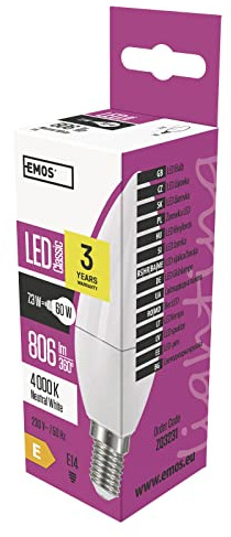 EMOS LED Lampe Candle 7,3W, Ersatz für 60W Glühbirne, E14 Sockel, Helligkeit 806lm, Neutralweiß 4000 Kelvin, 30000 Stunden Leuchtdauer, CRI min. 80, 270° Abstrahlwinkel