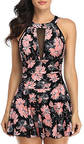 FLYILY Bañador de una Pieza para Mujer Cintura Alta con Control de Barriga con Pantalones Cortos Estilo Retro con Cuello Halter(Flower,S)