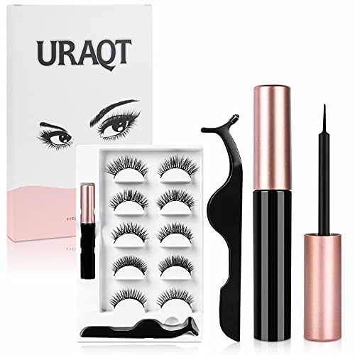URAQT Ciglia Finte e Eyeliner Magnetico Kit, 5 Paia Ciglia Finte Riutilizzabili di Effetto 3D Impermeabile Naturali