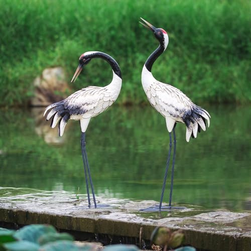 chisheen Estatuas de grulla de jardín para Exteriores, Garza roja coronada, grulla de Metal, Escultura artística, Juego de 2