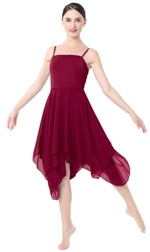 ODASDO Women Lyrical Dance Dress Ballet Modern Contemporary Dance Costume Spaghetti Straps Handerkerchief Hem Chiffon Flowy Skirt Ballroom Cha Cha Clothes Wine Red L
