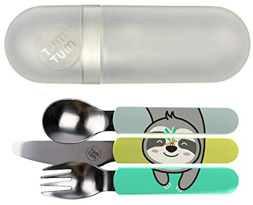 TUM TUM Toddler Cutlery Set with Travel Case, 3 Pcs Kids Cutlery Set Stainless Steel Includes 1 x Fork/Spoon/Knife, Kids Travel Cutlery Sets, BPA Free (Stanley The Sloth)