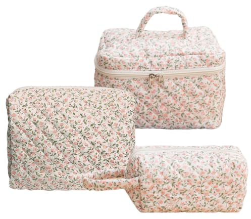 KOBONA 3 Stück Kosmetiktasche für Frauen Baumwolle gesteppt Schminktasche Kosmetikbeutel Blumen Make-up Tasche Organizer mit Reißverschluss Coquette Tragbar Kulturbeutel Kosmetiktasche