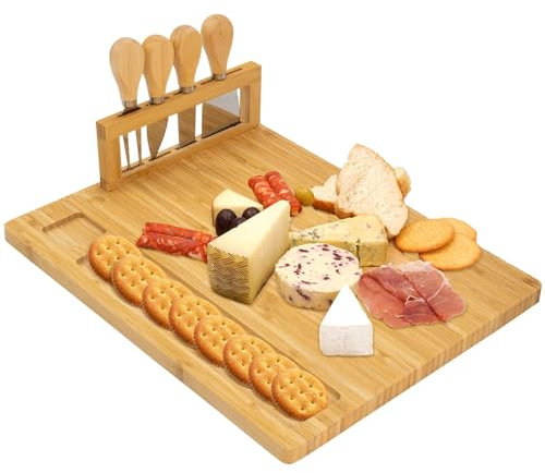 CUQOO Bamboo Cheese Board Gift Set with 3 Knives – Wooden Charcuterie Board, Cheeseboard Gift Set for Serving, Grazing, Cheese Boards & Knives, Cheese Platter for Cheese Lovers