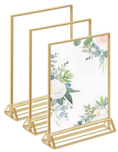 Lowats A6 Bilderrahmen Gold 3 Stück Acryl Tischaufsteller Gold Tischkartenhalter Menükartenhalter T-Aufsteller Werbeaufsteller mit Goldenen Rändern und Vertikalem Ständer für Hochzeit Tischnummern