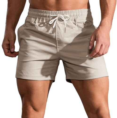 HOTIAN Pantaloncini da uomo corti estivi bermuda in cotone pantaloni da jogging con vita elastica con tasche pantaloncini casual, cachi, XL