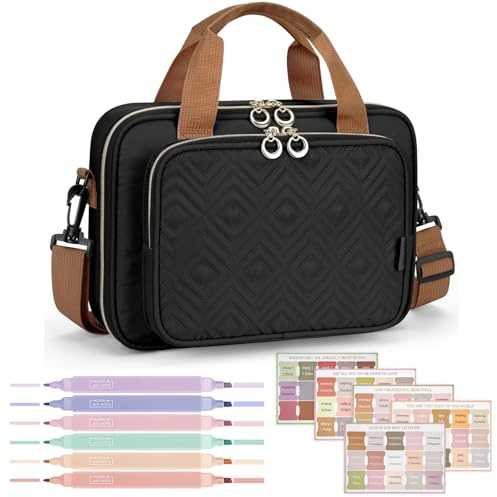 Heouvo Bible Cover Case for Women, Large Bible Bag Carrying Case with Shoulder Strap, Bible Study Supplies Bible Journaling Kit Book Carrying Case with Bible Highlighters Tabs Gift for Lady (Black)