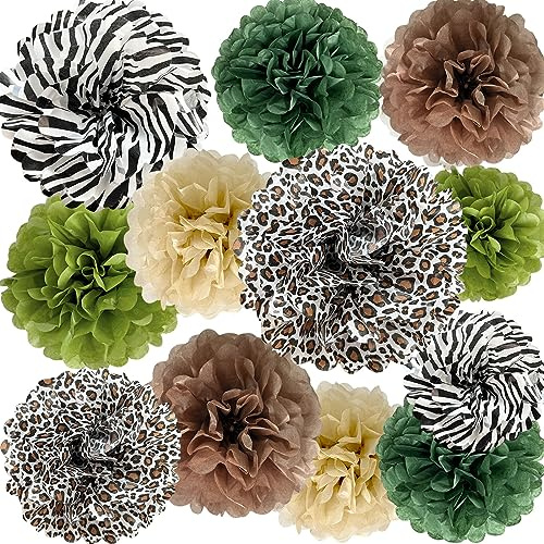 ANSOMO Jungle Safari Seidenpapier Pom Poms Wild Tier Leopard Zebra Print Gepard Party Dekorationen Salbei Grün Braun Blumen Wandbehang Dekor Tischdekoration Zubehör Geburtstag Braut Babyparty | Wild One Tier Leopard Zebra Print Gepard Party Dekorationen Wandbehang Blumen Jungen Geburtstag Babyparty Dekor