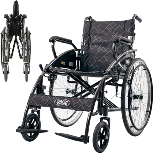 VOCIC U31 Sedia a Rotelle pieghevole leggera 150KG,Carrozzina per disabili in alluminio 17.5KG,Doppio Freno sedia a rotelle per anziani,Pneumatico Solido 60CM per tutti i terreni,Grigio