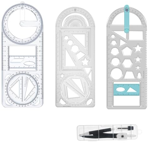 TECKI 4 Stüke Geometrie Set - Zirkel + Multifunktionales Geometrisches Lineal Winkelmesser, Grundschule Zubehör, Geeignet zum Lernen Malen Architekturzeichnen, Schreibwaren für den Schulanfang