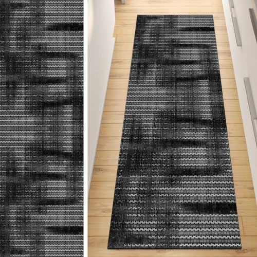 QQrunner Läufer Flur Küche Teppich rutschfest Schwarz 80x350CM Lang Kücheläufer Waschbar Meterware Abstrakt Teppichmatten Korridor Polyester Wohnzimmer Schlafzimmer 40-120cm Breit, Anpassbare Größe