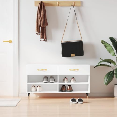 FENLAX Schuhschrank/Schuhbank aus Holzwerkstoff 102x35x55cm Hochglanz-Weiß Schuhschrank Holz Schuschrank für Flur Platzsparendes Schuhregal Shoe Organizer Schuh Aufbewahrung mit Reichlich Stauraum