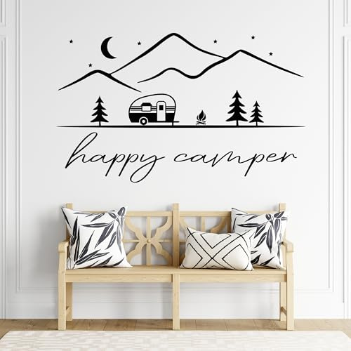 GRAZDesign Wandtattoo Sprüche Happy Camping, Camper, Reise Aufkleber für Wohnzimmer, Flur, Innen und Außen - 50x30cm / weiss