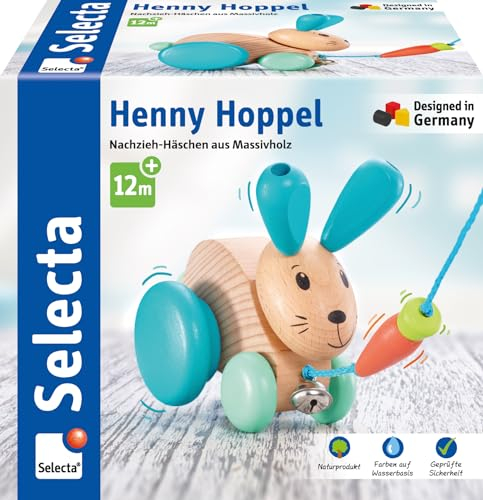 Selecta 62100 Henny Hoppel, Nachzieh-Hase, Schiebe-und Nachziehspielzeug aus Holz, 13 cm