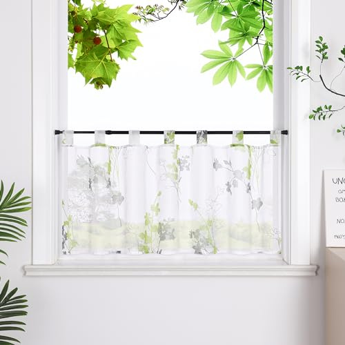 HeichkelL Scheibengardine, Leinenoptik Bistrogardine, Grün HxB 45x120cm | Gardine mit Blätter, Transparent Gardine, Kurzstores mit Schlaufen