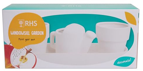RHS The Royal Horticultural Society Paint Your Own Set With 5 Paints, Brush, Varnish, Windowsill Garden, White, Includes Guide, Tray, 2 Plant Pots, 1 Watering Can Plant Pot