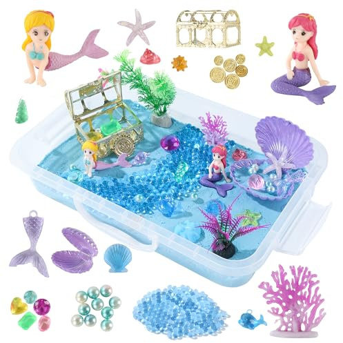 sikmcle Ozeane Sensorik Box & blaues formbares Sensorik-Sand-Set, Ozean-Sensorik-Spielsand und Sandkasten mit Deckel, bunte Plastik-Spielzeuge in Form von Muscheln/Schnecken/Seesternen für Kinder