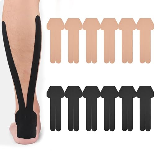 12 Stück Achillessehne Bandage, Kinesiotapes Vorgeschnitten Bandage Achillessehne Kinesiotapes für Fersensehne Precut Taillierter, Elastischer und Atmungsaktiver Physio Tape (Schwarz/Hautfarben)