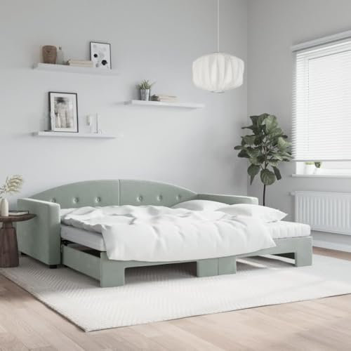 Hommdiy Tagesbett,Sofabett,Einzelbett,Schlafsofa Bettgestell mit Lattenrost,Jugendbett,Ausziehbar,Daybett Hellgrau 100x200 cm Samt mit Bettkasten & Matratze