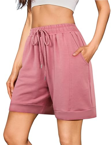 Jezonga Sportshorts för dam bomull korta joggingbyxor med fickor, rosa, S