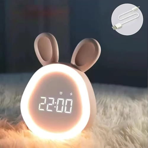 JABALUX Réveil pour Enfants, veilleuse pour bébé, Lampe Lapin, réveil à Piles, Lampe de Chevet, veilleuse de Chevet, réveil Intelligent à LED pour bébés, Filles, Nouveau-nés, décoration de Chambre