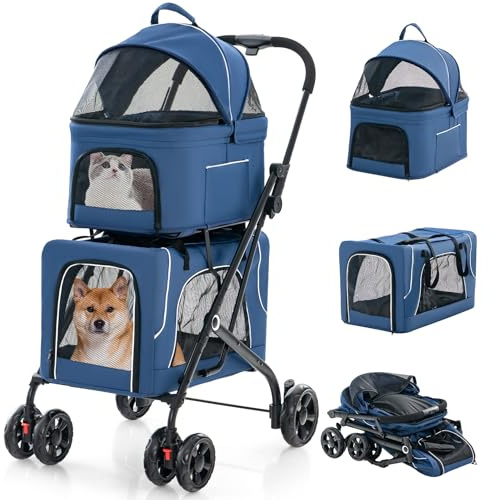 GOPLUS 3 en 1 Poussette Pliable à 2 Niveaux pour Chien Chat, 2 Sacs Détachables, Fenêtre en Maille, Roues avec Freins, Coussins Amovibles, Chariot de Voyage pour Chiens, Chats (Bleu)