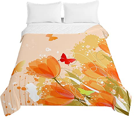 Hiseng Sommer Tagesdecke, Mikrofaser Bettüberwurf de Gesteppt mit Muster für Tulpen, Tagesdecken mit Prägemuster, Wohndecke für Doppelbett Einzelbett oder Kinder (Orange,220x240cm)