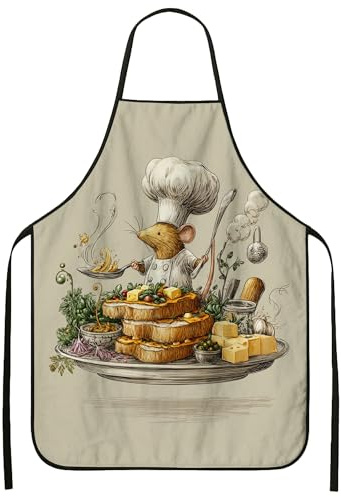 Delantal de chef para cocinar, diseño culinario de ratón de dibujos animados, delantal de cocina para adultos, utensilios de cocina divertidos para barbacoa, hornear, comedor, E, Beige, 24x31 Inch
