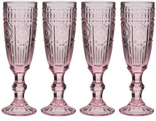 Drinking Glasses Set of 4 Mix and Match Wine Glasses, Highballs, Champagne Flutes & Tumblers Dishwasher Safe Pastel Pink Glassware Set with Mandala Embossed Design (Champange Flutes)