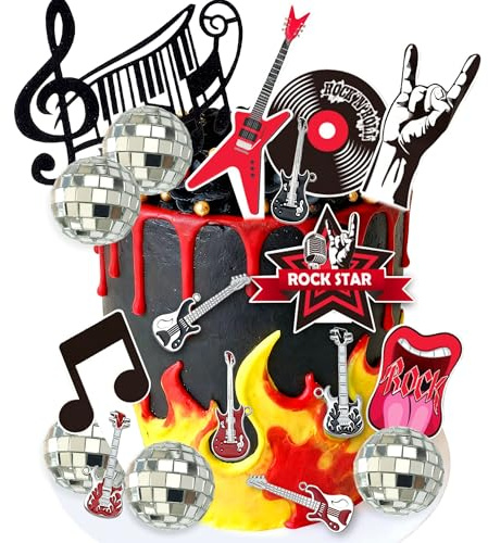 LaVenty Guitar Music Theme Birthday Cake Toppers | Electric Guitar Rock Roll Cake Decorations for Rockstar Theme Guitar Bass Party Supplies