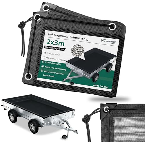 SUMORISE 2x3M Filet de remorque à Mailles Fines - Filet de sécurité pour remorque avec Corde en Caoutchouc - Filet de Protection Robuste pour Transporter en Toute sécurité des caisses, des Bagages et