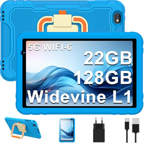 fezawio Tablet 10 pollici, Android 14 tablets, Octa-Core, 22 + 128GB (TF 1TB), Controllo Parentale, 8000mAH, Widevine L1, 5G WiFi6, BT 5.0, 5+8MP, EVA custodia protettiva resistente agli urti.(blu)