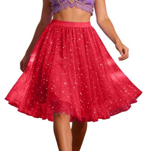 Tüllrock Damen Straight mit Glitzer Hohe Taille Tütü Rock Glitzerrock Mehrschichtiger Mesh Tüll Röcke Puffy Ballet Tanzrock Cosplay Karneval Kostüm Karnevalskostüme