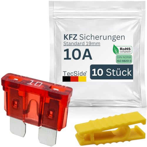 KFZ Sicherungen 10A | 10 Stück + Sicherungszieher | Stecksicherungen für 12V 24V 32V | 19mm Flachsicherungen nach DIN ISO 8820-3 | Für Boot, Motorrad, Wohnmobil & Roller - Autosicherungen | Rot