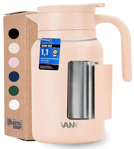 VANN Thermoskanne 1,5l - 3-fach Isolierkanne [24h warm, 36h kalt] | Thermoskanne aus zertifiziertem Edelstahl [BPA-frei] - als Teekanne oder Kaffeekanne - Auslaufsicher - Jug Altrosa