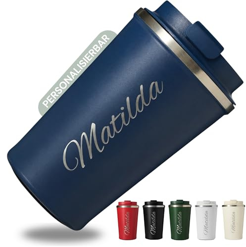 Smarteon Thermobecher personalisiert mit Namen – Edelstahl Kaffeebecher To Go auslaufsicher, doppelwandig isoliert, minimalistischer Coffee Mug To Go, Geschenk für Frauen & Männer (Blau)