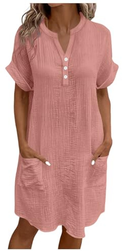 Summer Dresses for Women UK Casual Half Sleeve Shirt Dress V Neck Pleated Cotton Linen Dress Midi Dress Solid Color Short Dress Elegant Summer Loose Swing Dress with Pockets Pink