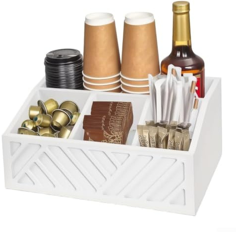 Fauhapyway Organizador de estación de café de madera con 5 divisores para café, cápsulas, jarabes, bolsas de té, encimera de cocina, unidad de almacenamiento, color negro, 30 cm (blanco)