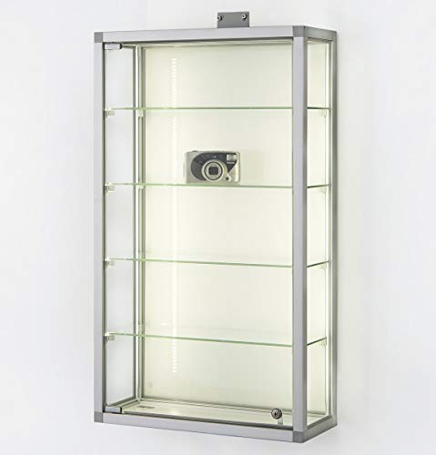 MHN Wandvitrine T 19 x B 51,5 x H 88 cm - Sammler Hängevitrine abschließbar - kleine Glas-Vitrine Wand hängend CPq - graue Holzrückwand - LED-Beleuchtung