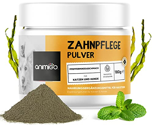 animigo Zahnsteinentferner für Hunde & Katzen - Zahnpflege für die Mundhygiene - 350g Pulver - Zahnreinigung mit Seetang & Pfefferminz Geschmack - frischer Atem - Natürliches Seaweed