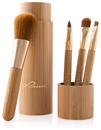 Make-up Pinsel Set | Schminkpinsel Set – 4 vegane Make-up Pinsel mit Pinselhalter | Pinselaufbewahrung für unterwegs, Bambusgriff mit Goldene Zwingen | Foundation, Puder, Rouge & Lidschatten | Luvia