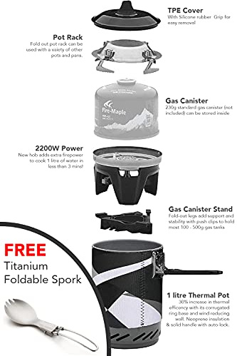 Fire-Maple FMS-X2 Ultralight Compact Windproof Cooking Jet Boiler Stove | Titanium Spork Piezo Ignition Support & Stand (Black | 2200W)