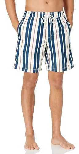 Amazon Essentials Herr 23 cm snabbtorkande badbyxor, blågrön blå vertikal rand, medium