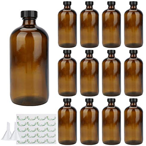 473 ml glasflaskor, maredash 12-pack bärnstensfärgade glasförvaringsflaskor set med lock ..